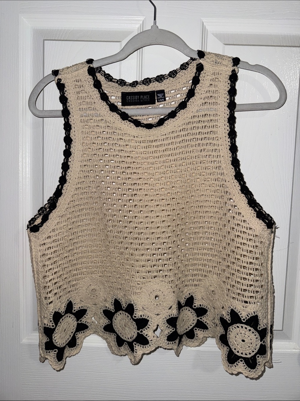 Cream Crochet Tank with Black Trim